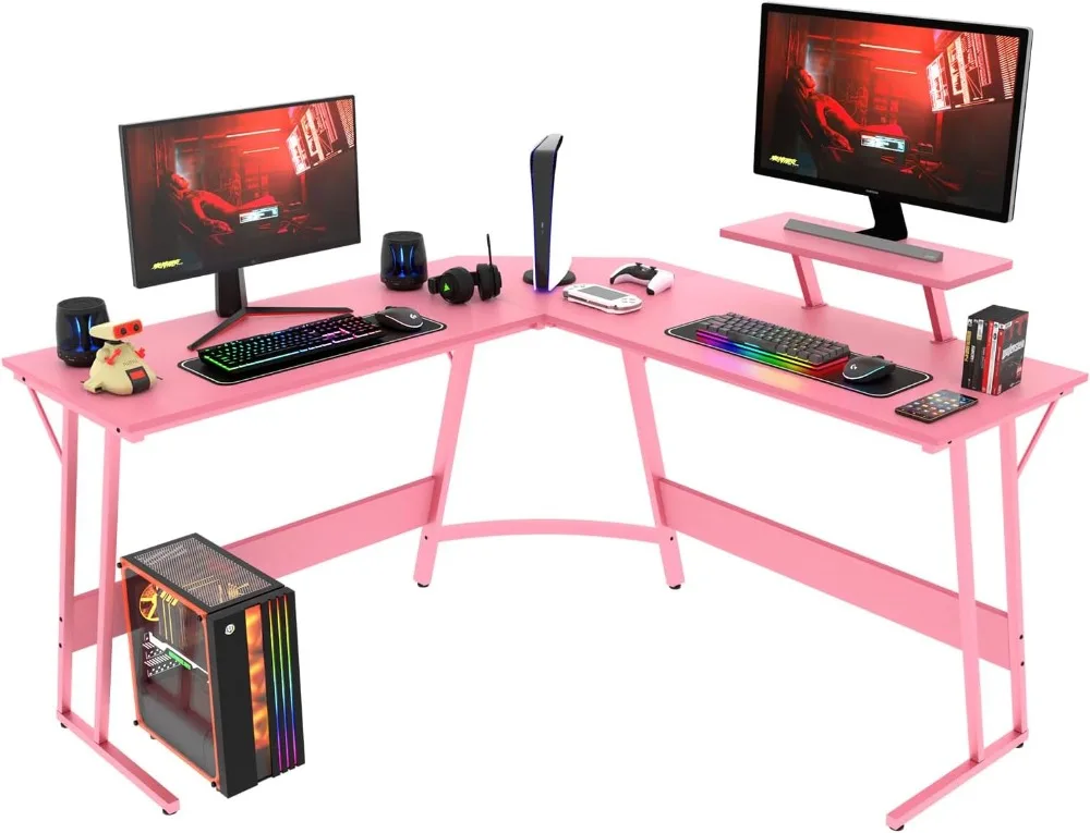 L Shaped Desk Corner Gaming Desk Computer Desk with Large Desktop Studying and Working and Gaming for Home and Work Place,Pink