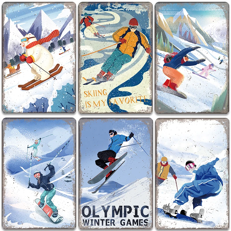 Skiing Posters Vintage Metal Tin Sign Winter Games Retro Plate Metal Signs for Ski Club Bar Pub Home Wall Decor 20X30CM