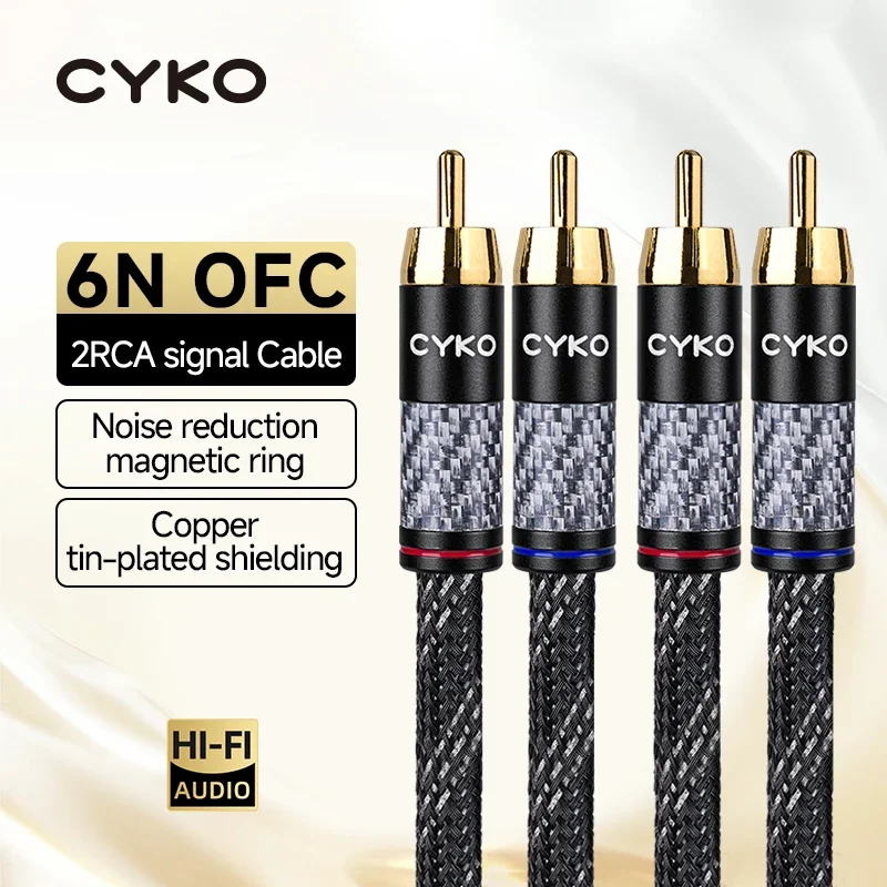 CYKO Hifi 1 زوج 6N OFC 2RCA إلى 2RCA ستيريو مطلية بالذهب التوصيل RCA إشارة كابل الصوت لمكبر الصوت DAC TV box