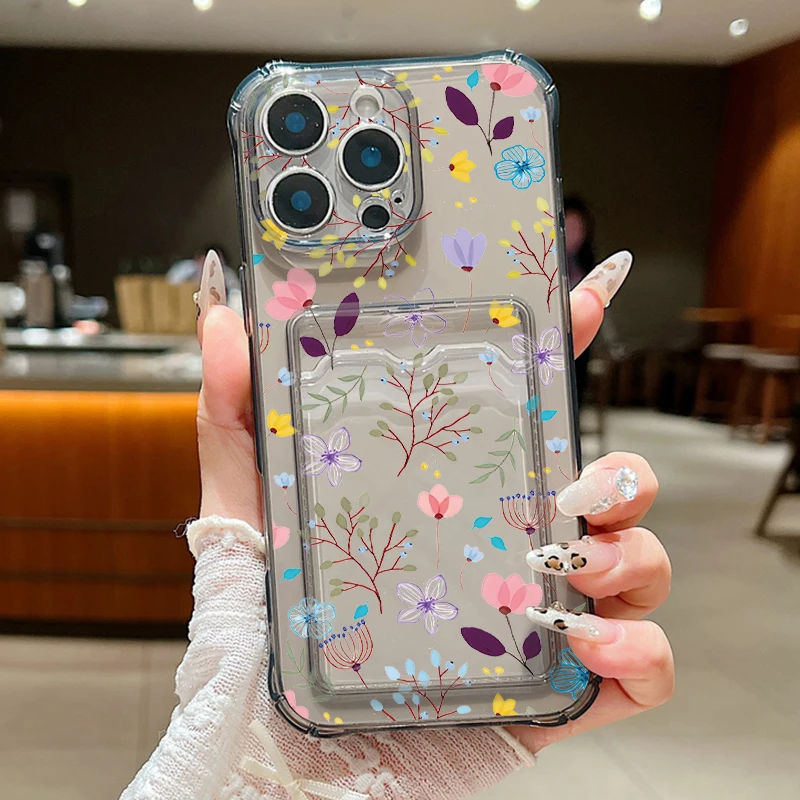 Clear Flowers Patterned Card Holder Phone Case For iPhone 17e 17 16 15 14 13 Pro Max 15 16 17 Pro 16e 12 11 Soft Card Bag Cover