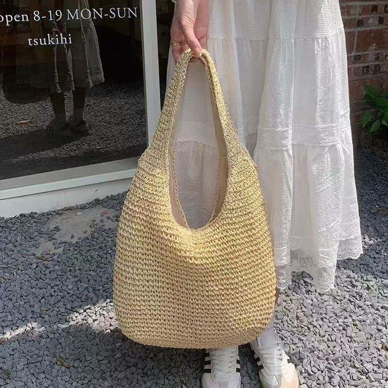 

2025 модная женская соломенная тканая сумка на плечо, летняя пляжная соломенная тканая сумка для отдыха, большая вместительная сумка