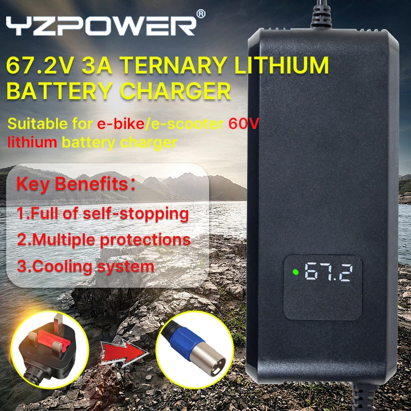 

YZPOWER 67.2V 3A 16S Lithium Charger for 60V KuKirin G4 E-Bike/E-Motorcycle with LED Display & Triple Protection - CE Certified