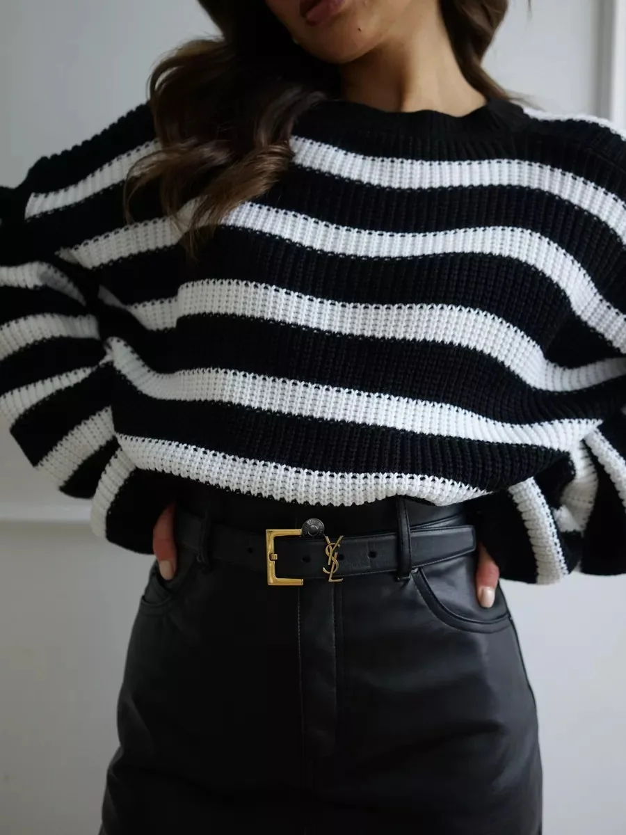 Solid Color Women's Pullover Sweater Loose Casual O-neck Sweaters Women Minimalism Knitted Tops Fashion Striped Pullover Sweater