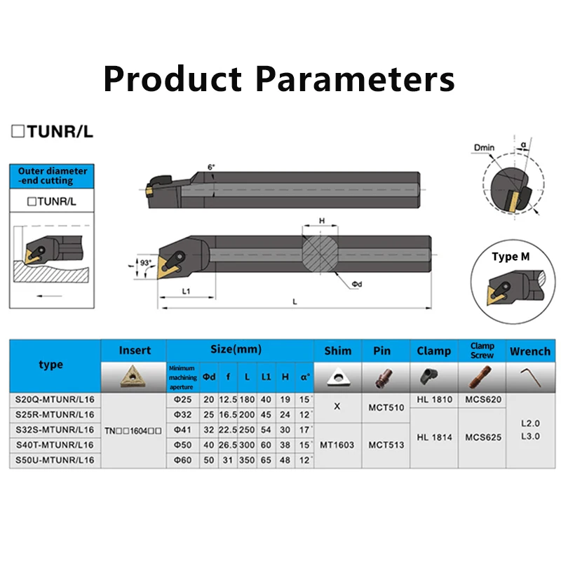 Internal Turning Tool -MTUNR/L S16Q-MTUNR S20R-MTUNR S25S-MTUNR S32T-MTUNR Lathe Bar Turning Holder CNC Cutting Tool Cutter Bar