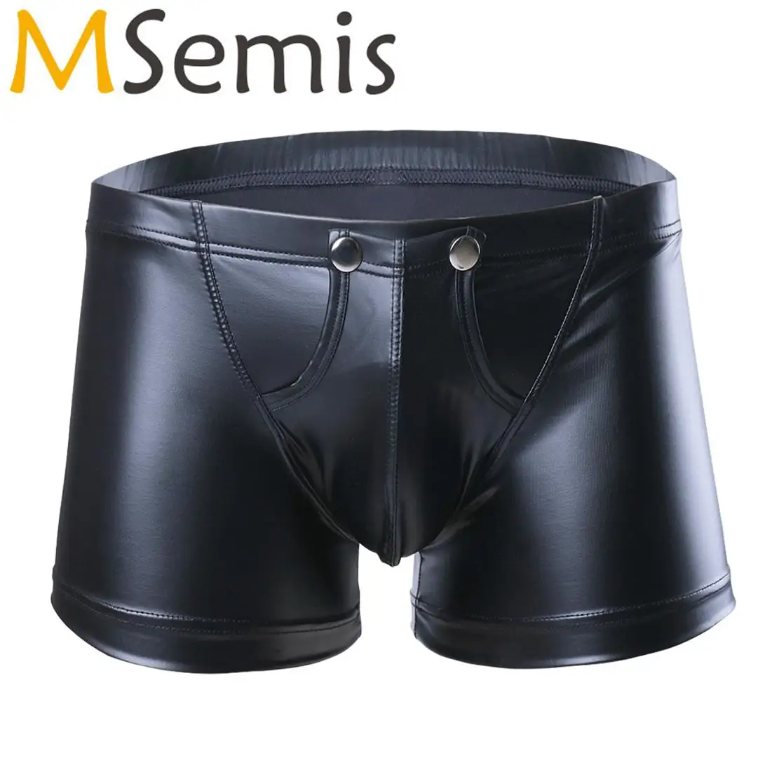 Sexy Men Lingerie Faux Leather Shorts Underpants Latex Underwear Boxer Shorts Press Button with Bulge Pouch Wet Look Clubwear