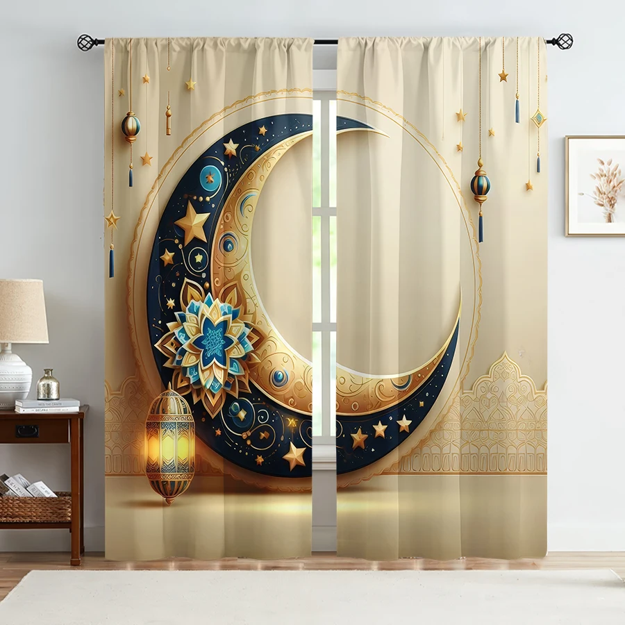 2PCS Gilded Starry Moon Islamic Curtains, Luxury Style, Bedroom and Living Room, Decoration, Drawbar Pocket Decoration
