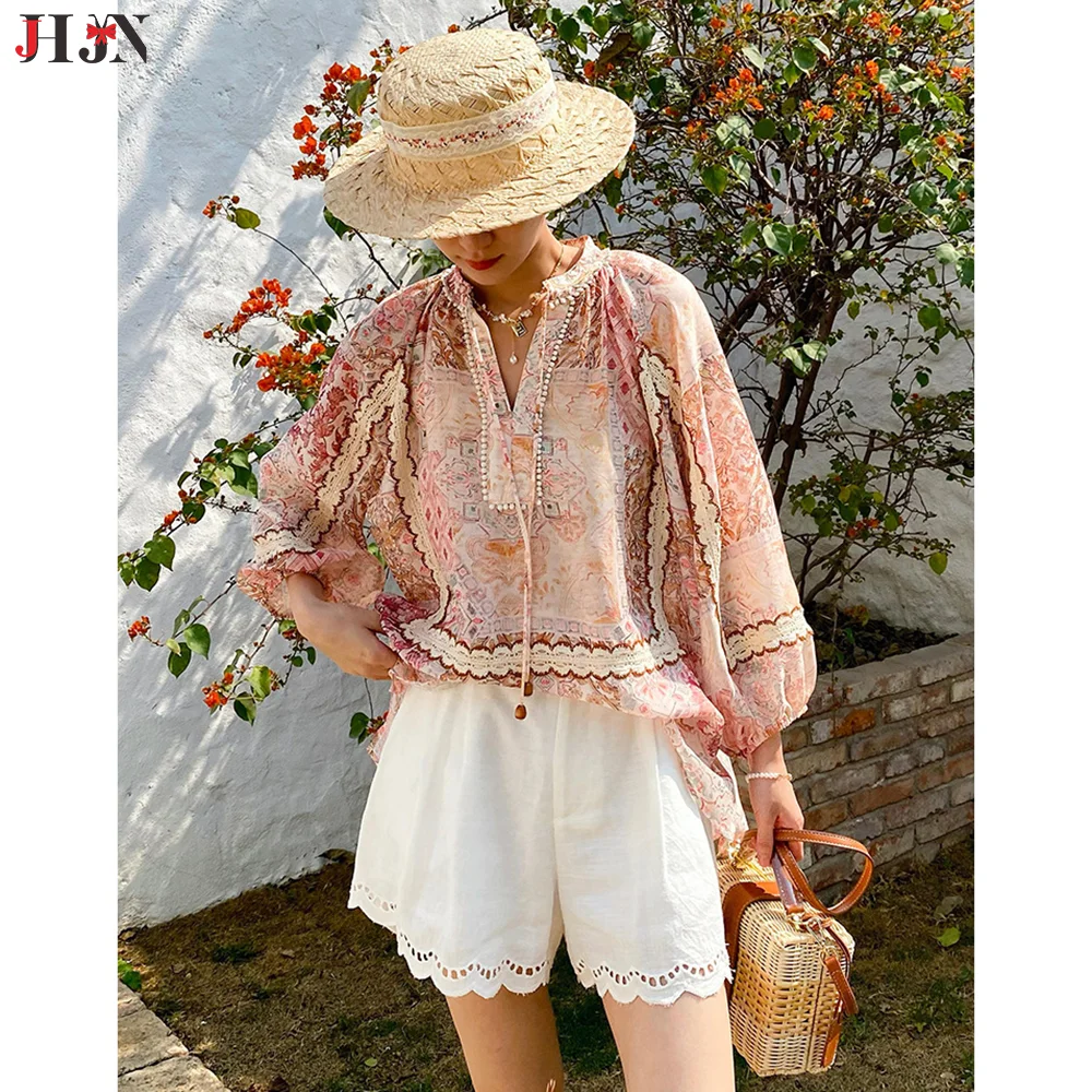 

JHJN Vacation Style Sunscreen Shirt For Women Loose And Comfortable Bohemia Printing French Style Beach Holiday Tops