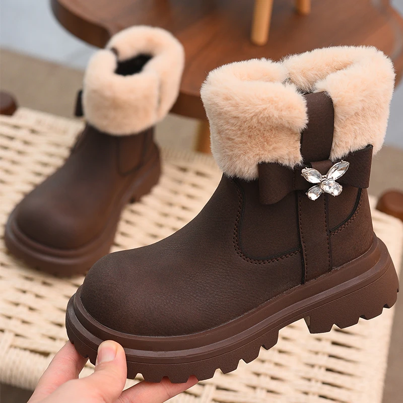Girls' boots, children's velvet two cotton boots, 2025 winter new style children's shoes, soft soled short boots, warm furry lea