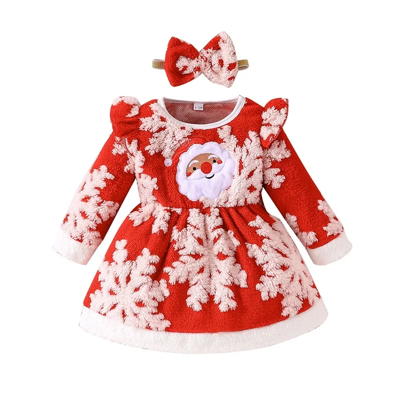 Little Girl Christmas Fuzzy Dress Santa Claus Embroidery Long Sleeve Crew Neck Dress with Bow Headband