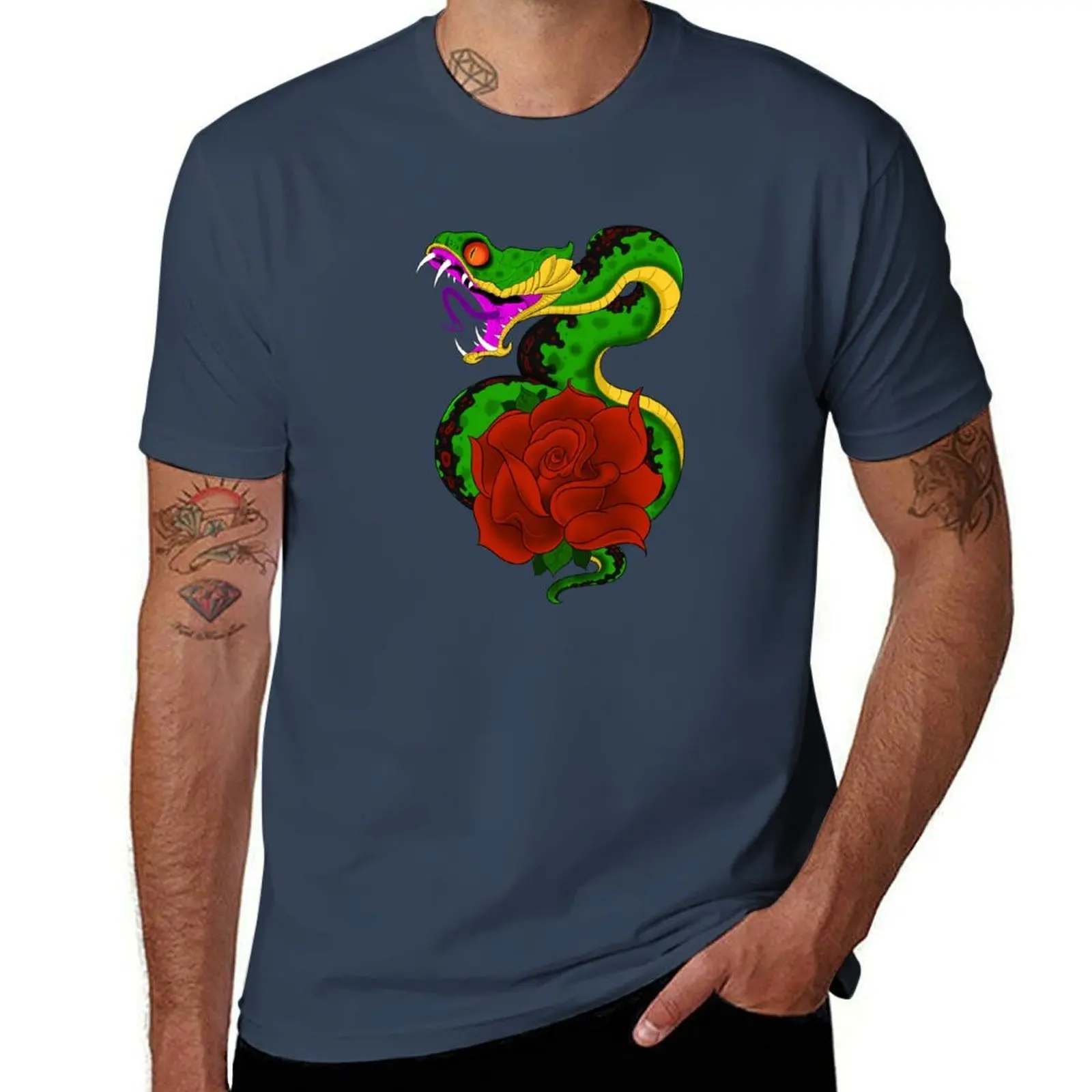 Snake and Rose T-Shirt Basic Short Sleeve T-Shirt for Men
