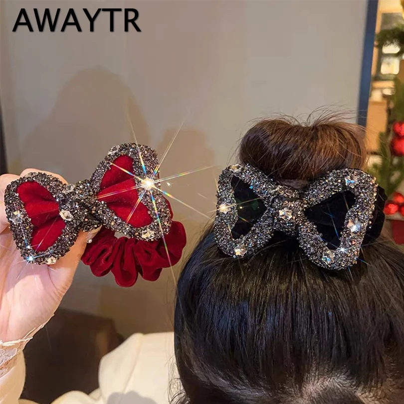 AWAYTR Rhinestones Bow Hair Ring Japanese Wavy Hair Tie Shiny Head Flower Tie Hair Rubber Band Korean Girl Women Head Rope