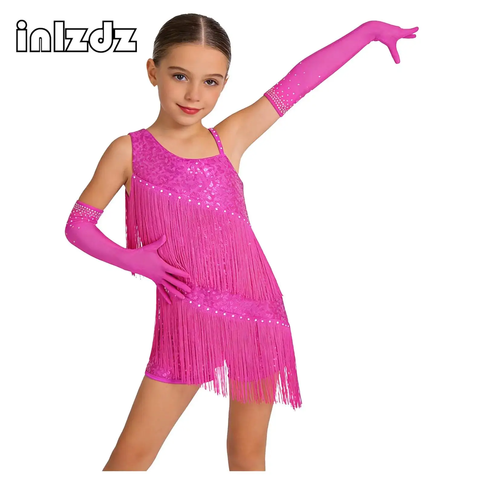 

Kids Girls Latin Dance Outfit Sleeveless Oblique Shoulder Sequins Rhinestone Tassel Leotard+Gloves Set for Chacha Performance
