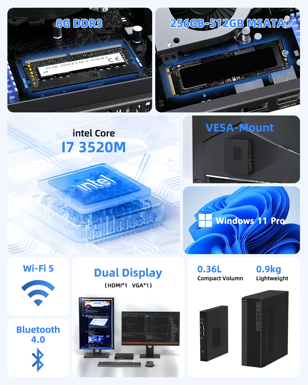 كمبيوتر TexHoo Mini، Win 10 Pro، 8GB DDR3L 256GB SSD، ثنائي النطاق WiFi+BT، Intel i3/i5/i7 ITX كمبيوتر محمول، 4K@60 هرتز مكتب كمبيوتر صغير #4