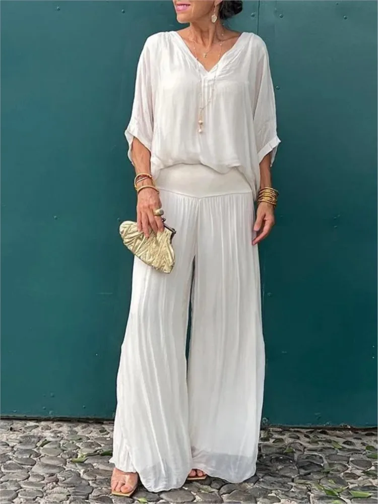 

Elegant Chiffon Wide-leg Pants Two-piece Set Women 2025 Spring Half Sleeve Solid Loose Outfit Summer V Neck Backless Casual Suit