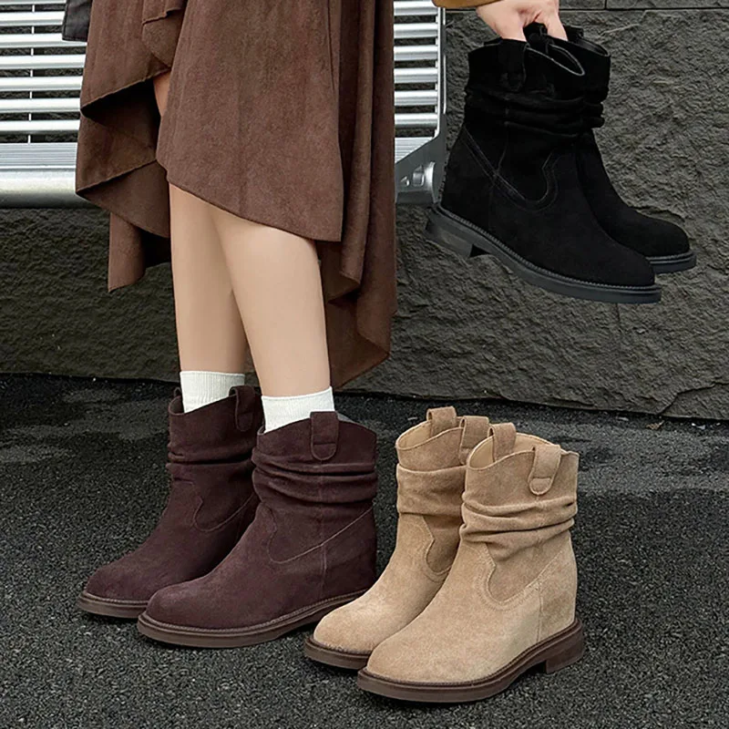 

XMWRLW/женские осенние ботинки до середины икры, модные женские ботинки из натуральной кожи на скрытом каблуке 7 см, женская осенняя обувь на резиновой подошве, ботинки