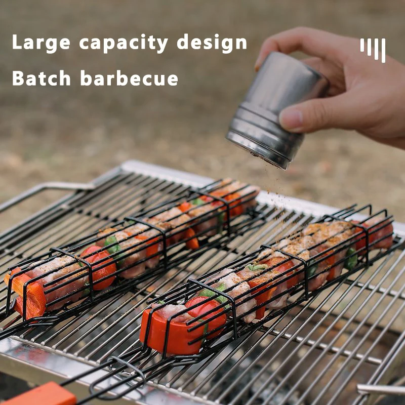 Outdoor Wooden Handle Barbecue Cage Picnic Barbecue Tools Camping Meat Vegetable Barbecue Net Rack