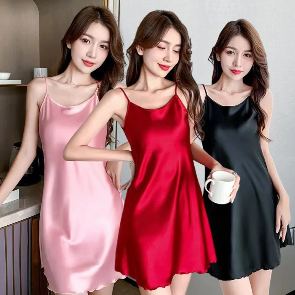 Casual Round-neck Women Pajama Set Soft Off Shoulder Sexy Sling Dress Slim Underwear Sleeveless Nightwear Suit