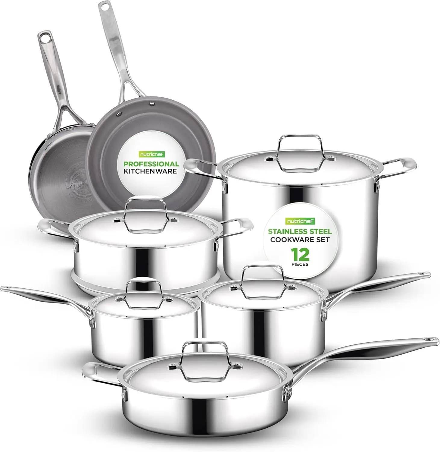 

12-Piece Professional Stainless Steel Cookware Set – Tri-Ply Stainless Steel Pots,Ceramic Non-Stick Fry Pans