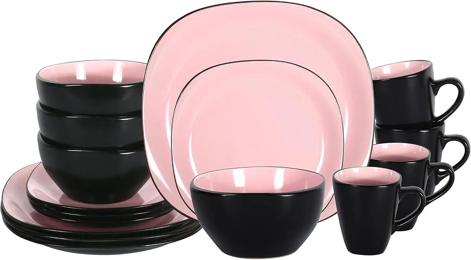 16-Piece Square Stoneware Dinnerware Set: Shiny Rose Interior + Matte Black Exterior, Dishwasher & Microwave Safe, Lead-Free Glaze