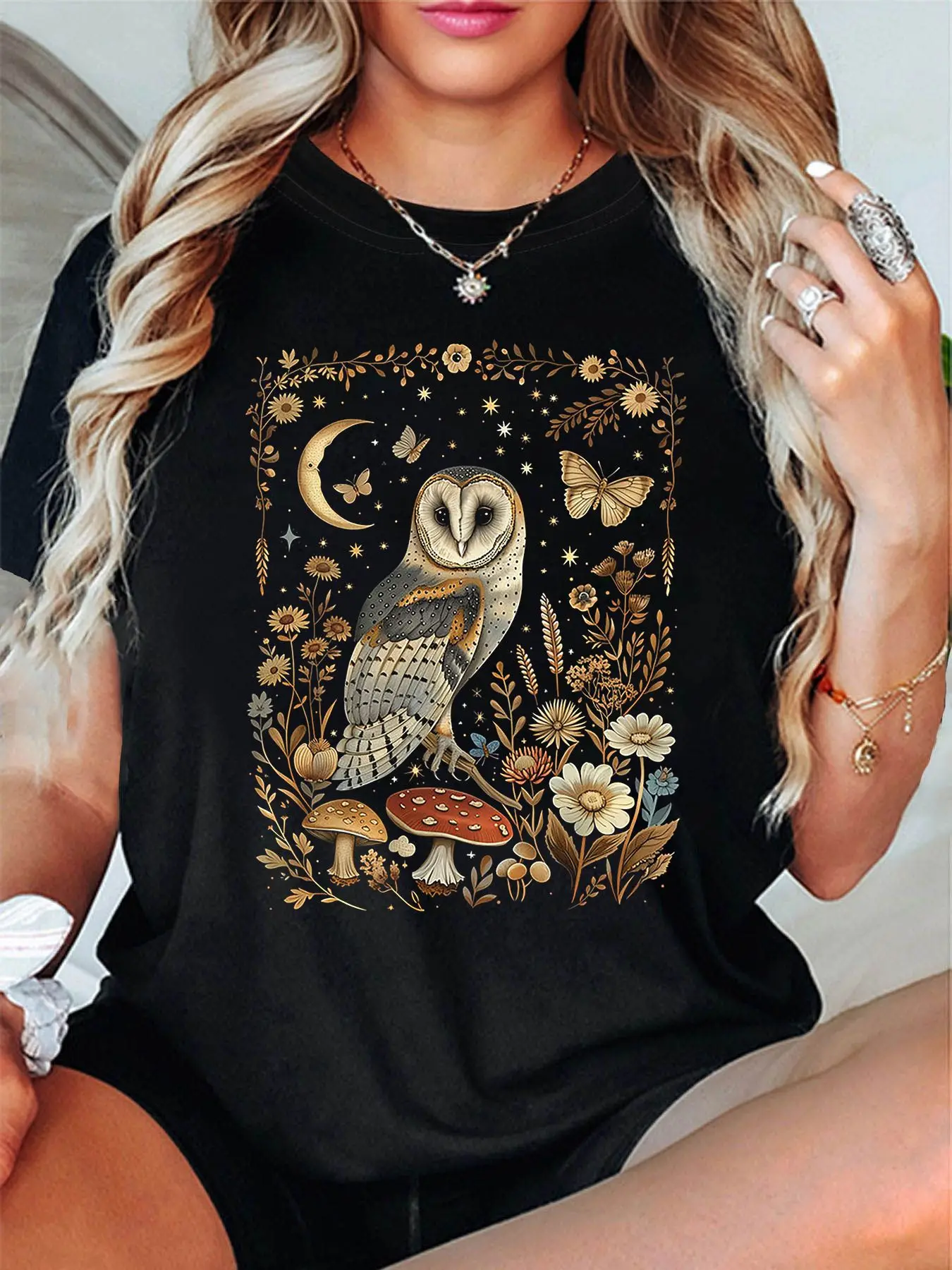 Summer Women's Vintage Country Owl Print T-Shirt Unisex Cotton and Breathable Short Sleeve Streetwear Oversized Loose Casual