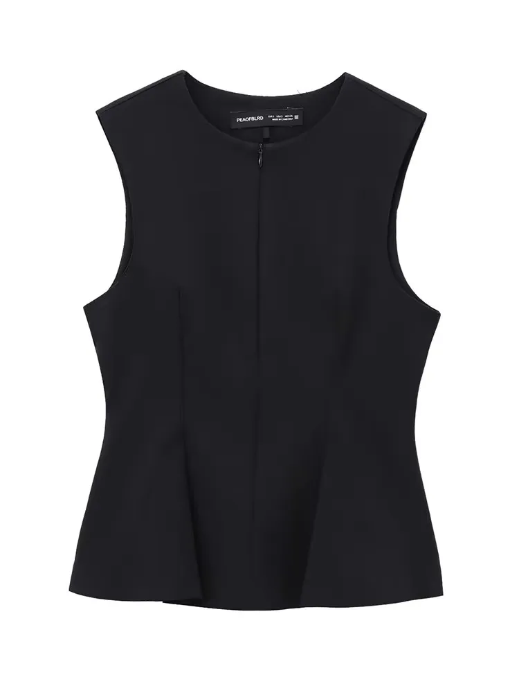 TFMLN, novedad de verano, moda para mujer, Tops con cremallera, camiseta sin mangas informal Vintage con cuello redondo, chaleco plisado ajustado, Top con pliegues de calle alta