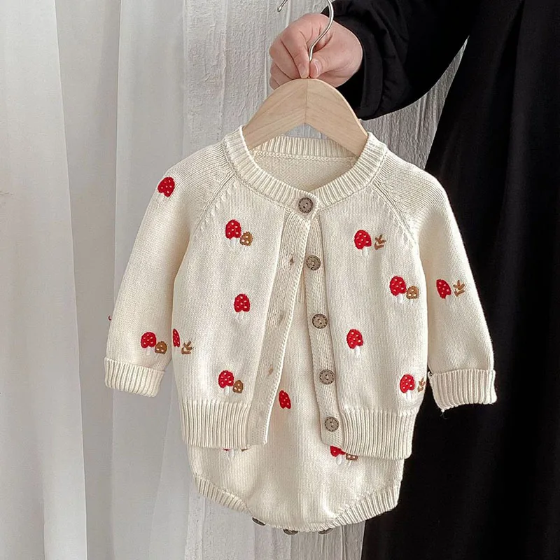 Autumn Winter Children Clothes Suit Long Sleeved Knitted Embroidered Cardigan+Rompers Infant Baby Girls Knitted Clothing Set