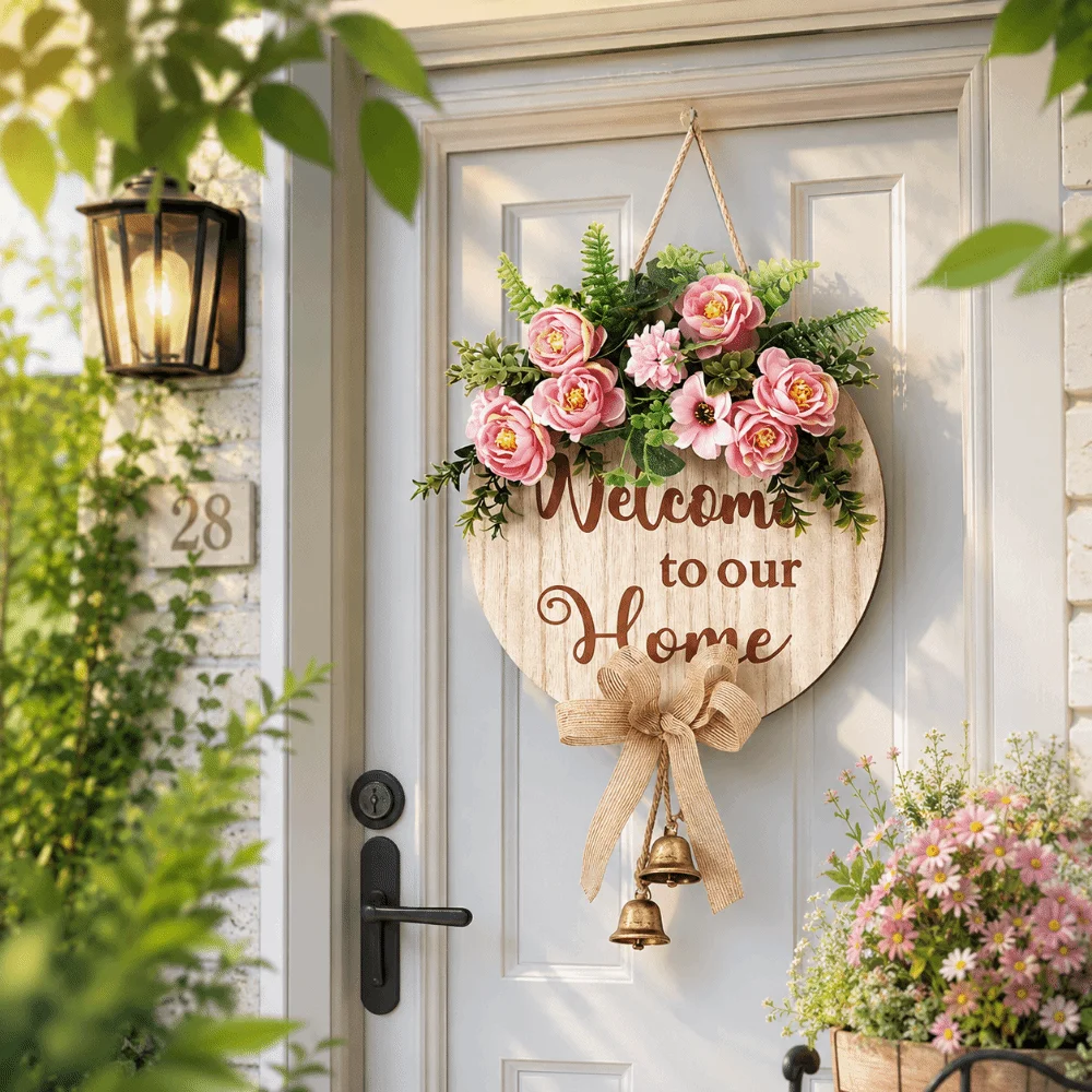 

Personalized 2D Flat Welcome Sign Flower Bow Knot Door Wreath Wooden Round Shape Hanging Decoration Outdoor Decor