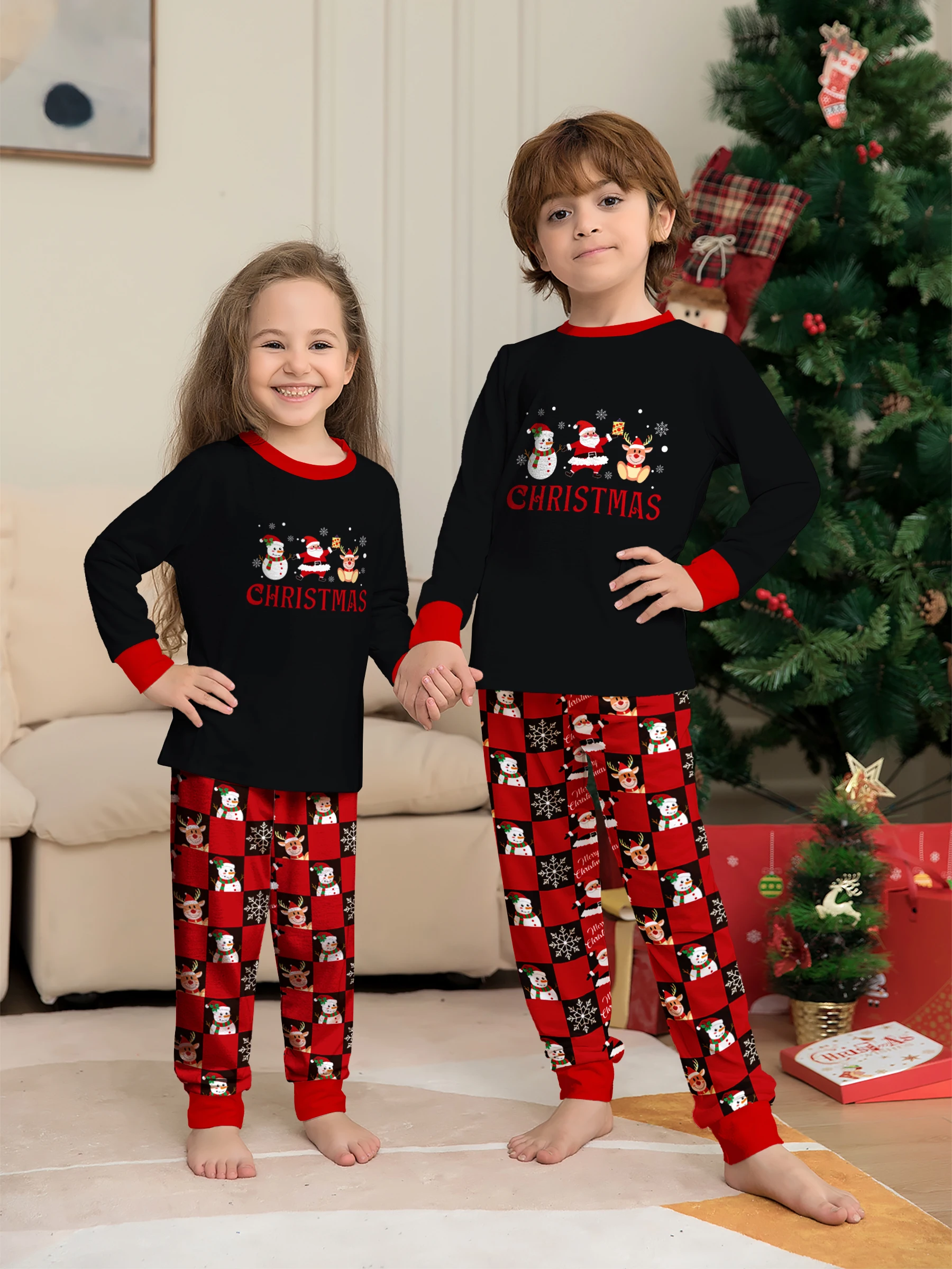 

Cozy Xmas Pajamas for Kids - Snowman, Santa, Reindeer & "CHRISTMAS" Design Black Long - sleeve & Plaid Set