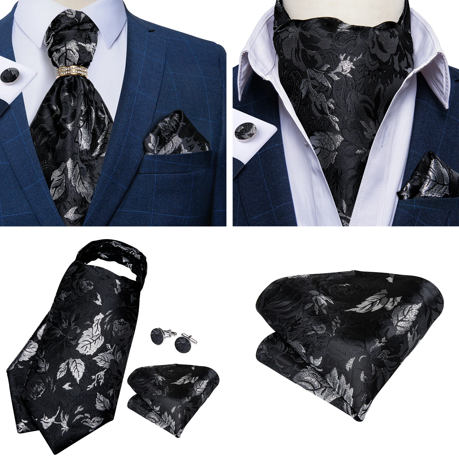 Luxury Men Green Blue Paisley Ascot Tie Set Solid Necktie Ring Wedding Party Cravat Purple Ties Pocket Sqaure Cufflink Free Ship