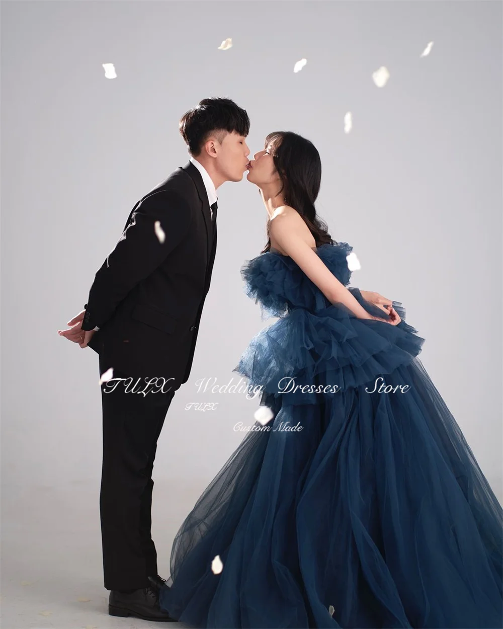 TULX Navy Blue Evening Dress Korea Wedding Photo Shoot Strapless Ruffle Party Dresses Long Tiered Corset Party Dress Customized