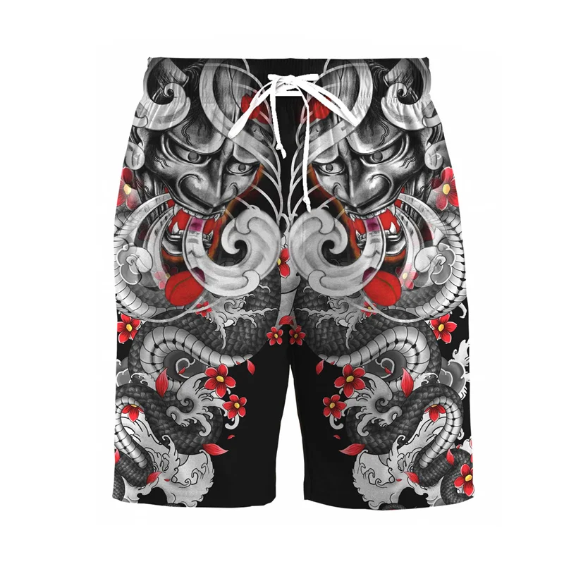 Japanese Samurai Mask Beach Shorts For Men's Clothing Street Harajuku Shorts 3D Print Retro Fashion Mystery Style Funny Pants