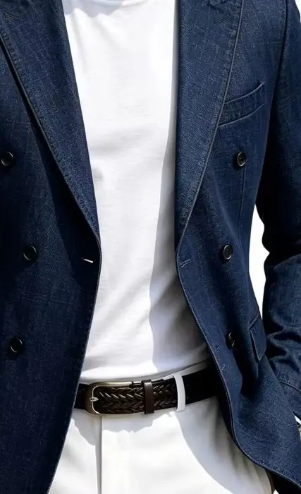 Mens Navy Blue Faux Denim Textured Double Breasted Slim Fit Blazer Thin Black Piping Casual Suit Jacket