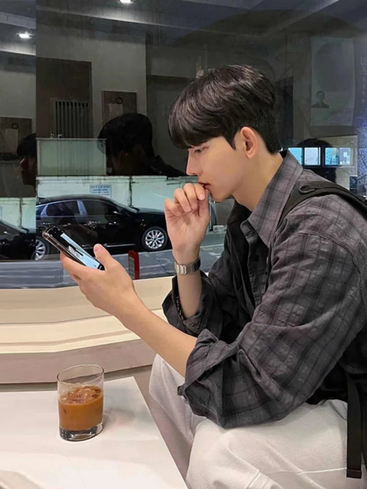 

American Plaid irt Men's Long Sve Youth Trendy Loose Large Size Spring Autumn New High Street Cool Outerwear Coat