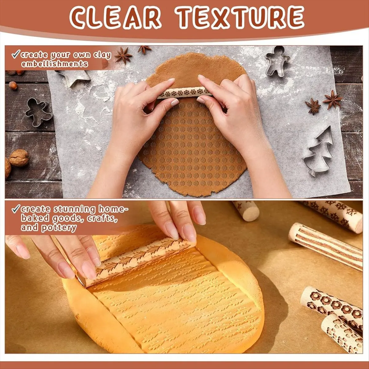 ABZT 10 Pcs Wooden Clay Texture Rollers Set for Pottery and Ceramics, Stamp Roller Tools for Slab Building Sculpting Handmade