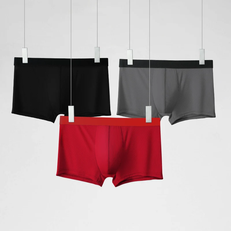 3 قطع ملابس داخلية رجالية من الحرير الجليدي، مريحة، قابلة للتنفس، رياضية، عصرية وشخصية. شق صيفي رقيق ومسطح بزاوية