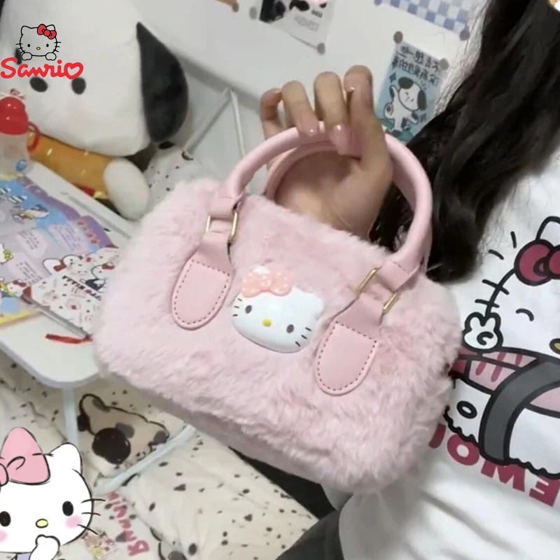 

Sanrio Hello Kitty Pink Cute Fury Handbag Korean Style Y2K Shoulder Crossbody Fluffy Zipper Purse Bag Student Girl Bags Gifts