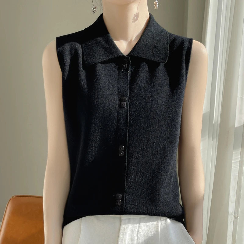 2024 Spring and Summer New Fashion Vest Ladies Knitted Cashmere Sweater Women Sleeveless Lapel  Female Vest Loose Tops