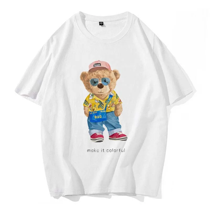 Summer T-shirt Men\'s Fashion Printing Casual Fun Bear Cartoon Pattern Street Top Fashion Versatile Cotton Round Neck T-shirt.