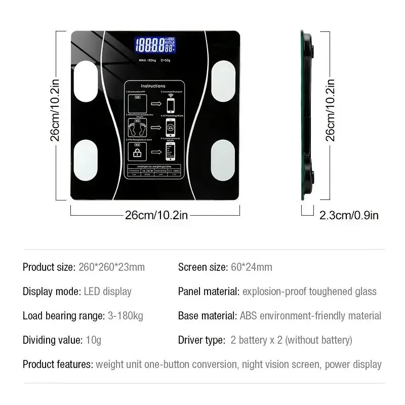 Professional Bluetooth Body Scale LED Coverage Glass Application Up to 180kg
