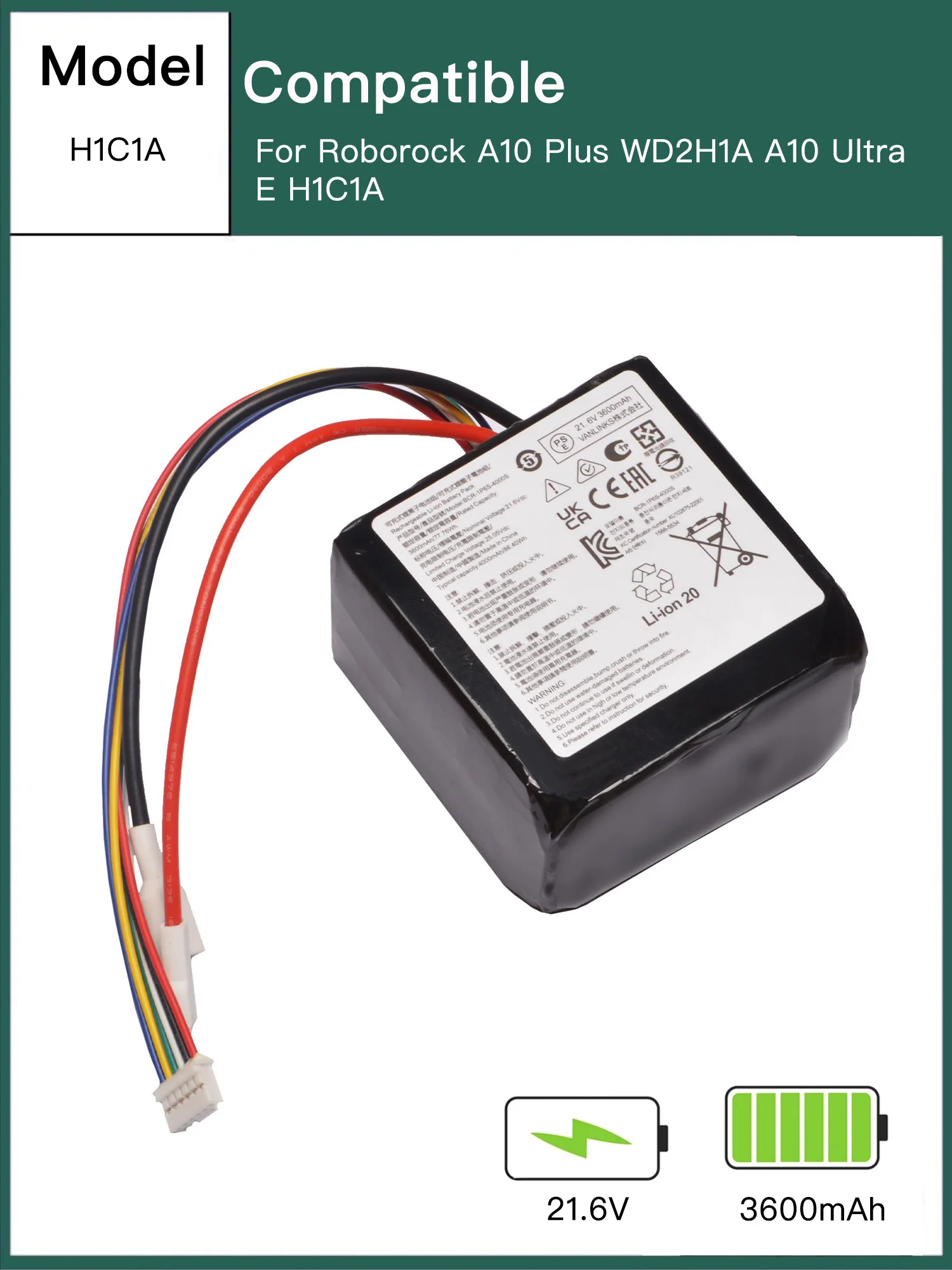 

21,6 В 3600 мАч для литиевой батареи Roborock A10 PLUS Dyad Pro/комбинированного пылесоса для влажной и сухой уборки