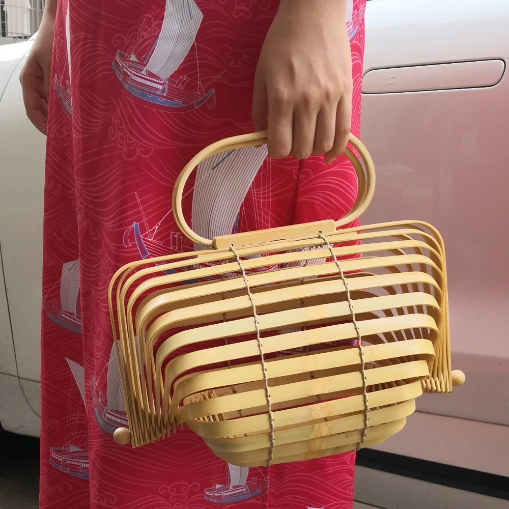 Unique  Bamboo Basket Bag Hollow Beach Bag Handbag Foldable Bag / Rotatable axis Design   (magnetic metal sheet lock) A4525