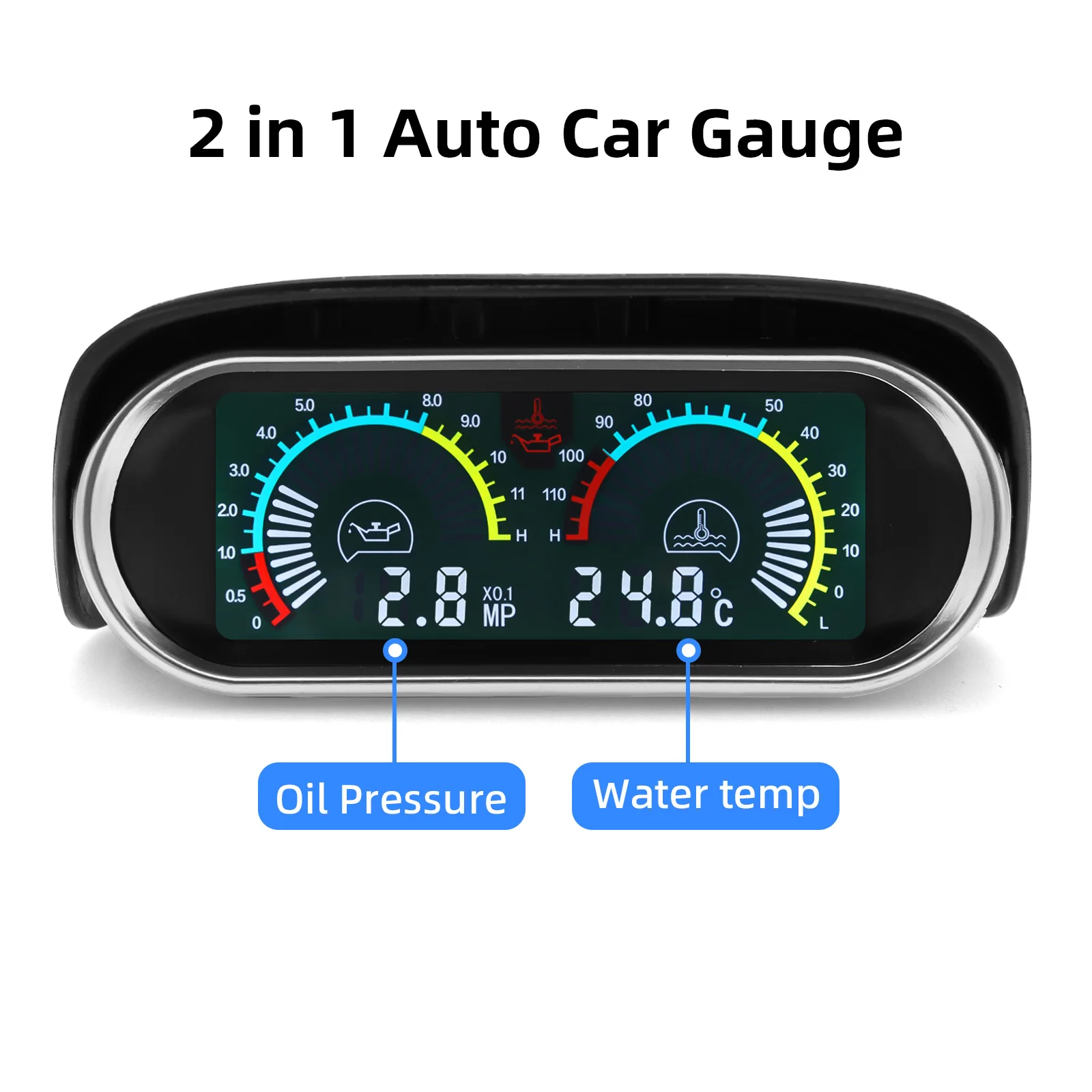 Car LCD 2In 1 Oil Pressure Gauge Water Temperature Meter Fuel Pressure Indicator with 1/8NPT Oil Press Sensor Adapter 26~40mm