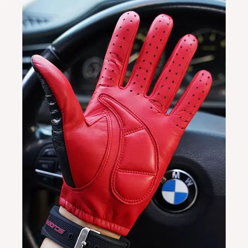 Men Leather Gloves Vintage Motorcycle Riding Driving Real Leather Touchscreen Non-slip Wear-resistant Thin Lambskin Gloves M-152