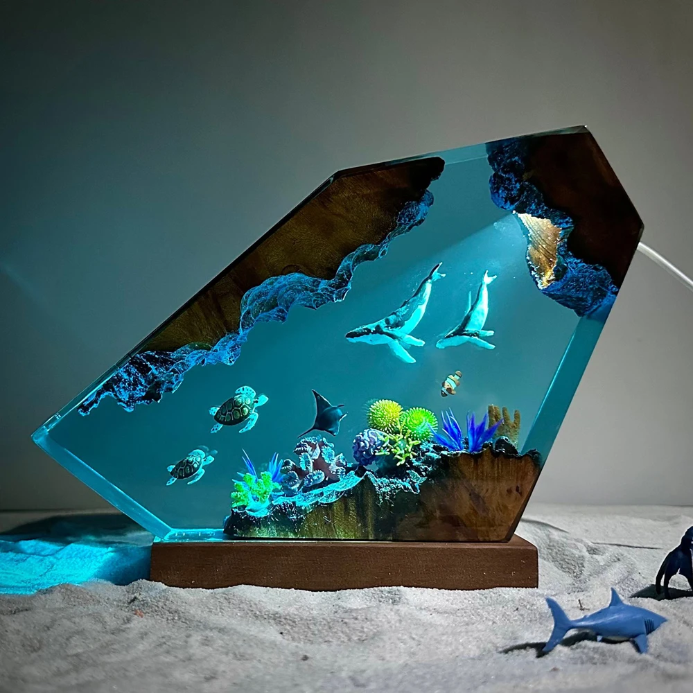 Sea World Organism เรซิ่นตาราง Creative Art โคมไฟตกแต่ง Double Whale Sea Turtle Theme Night Light ชาร์จ USB
