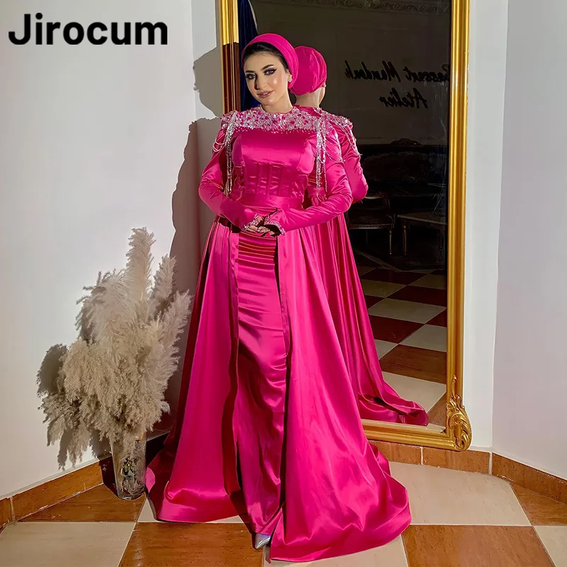 Jirocum O Neck Long Sleeve Prom Dress Women\'s Diamond Tassel customized Evening Dresses Detachable Muslim Special Occasion Gowns