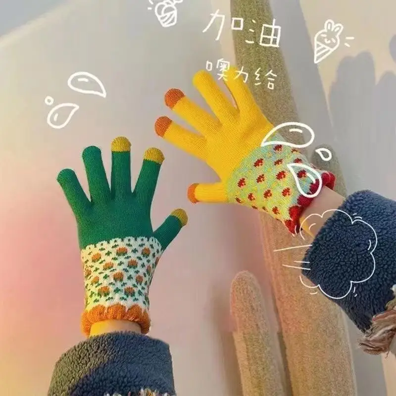 ผู้ใหญ่ถักถุงมือความร้อนถักซับถุงมืออุ่นยืดหนาขนแกะเรียงราย Full Finger ถุงมือสําหรับขับรถวิ่ง