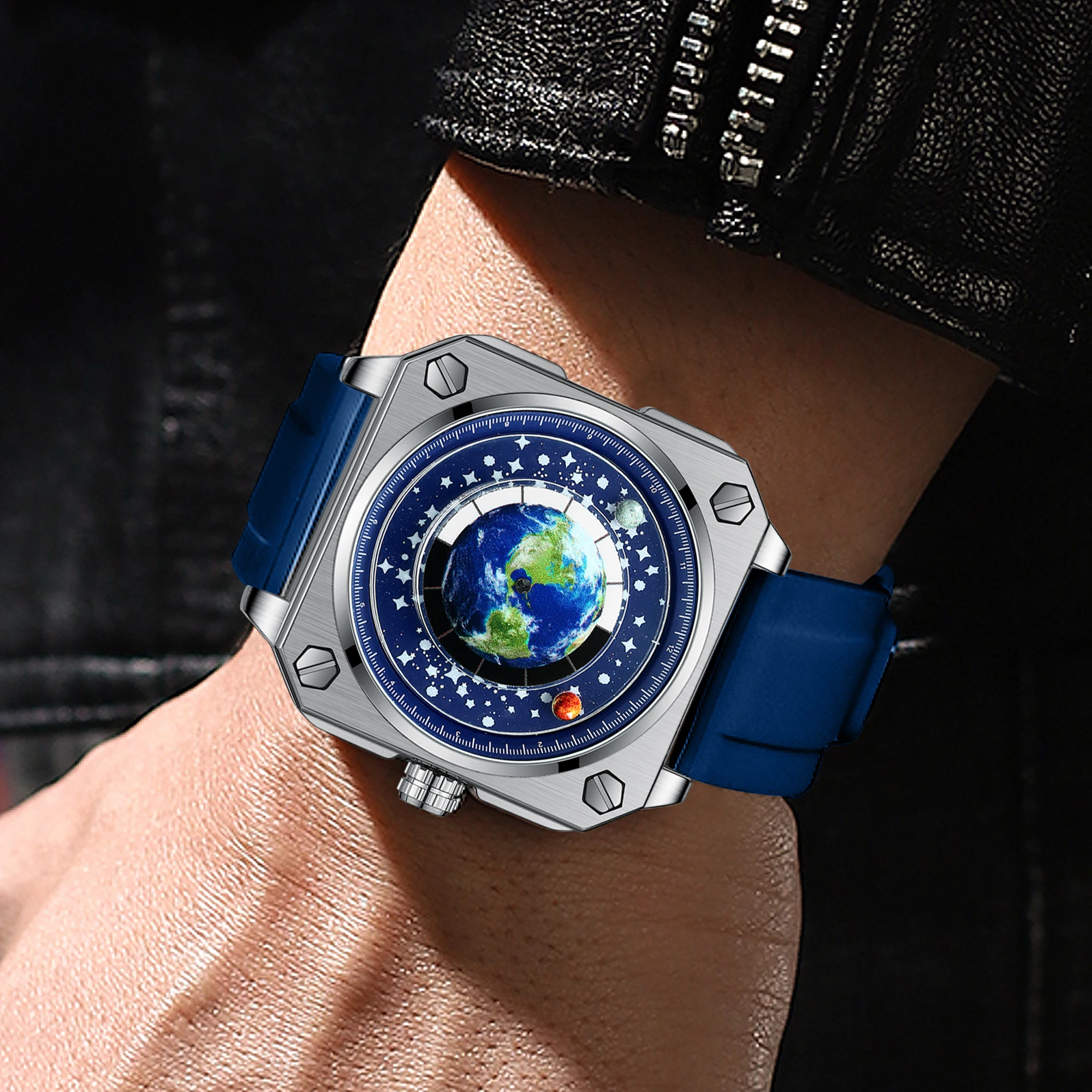 Binbond New Men's Watch Creative Cool Large Dial Moon Earth Starry Sky True Belt Quartz Watch