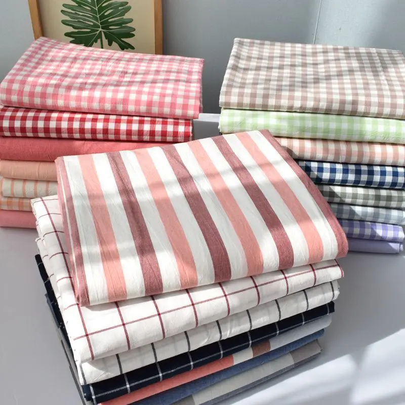 Washed 100% Cotton Fabric Plaid Stripe By The Meter for Clothes Bedclothes Shirt DIY Sewing Baby Soft Cloth Plain Green Blue