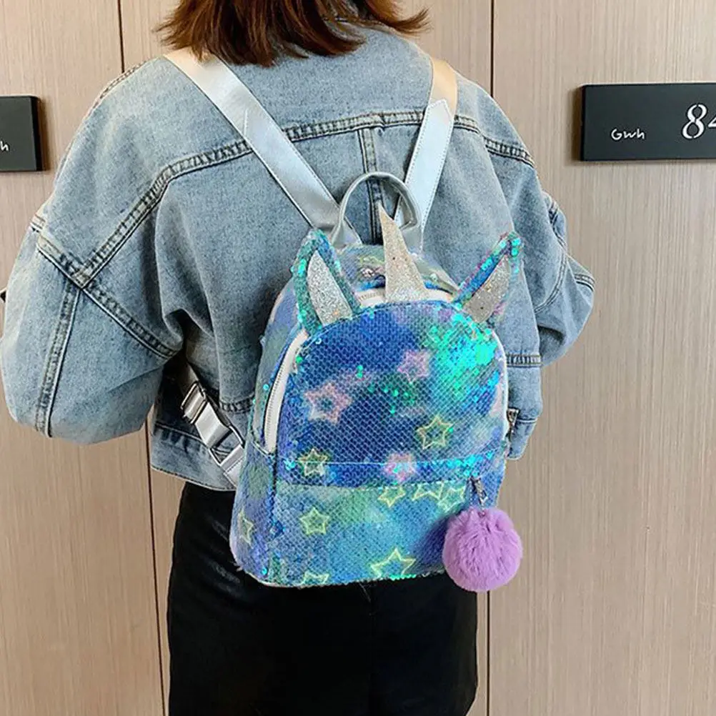 

Childrens Shining Backpack Unicorn Design Shoulder Bag for Kids Teens Fashion School Commute Outing Bag with Ball Decor