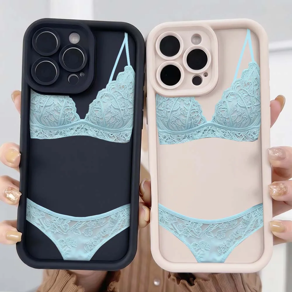 

Light Blue Lace Lingerie Phone Case For Apple iPhone 17 Air 16e 16 15 14 13 12 11 XS Pro Max Plus Eye Ladder Soft Cover